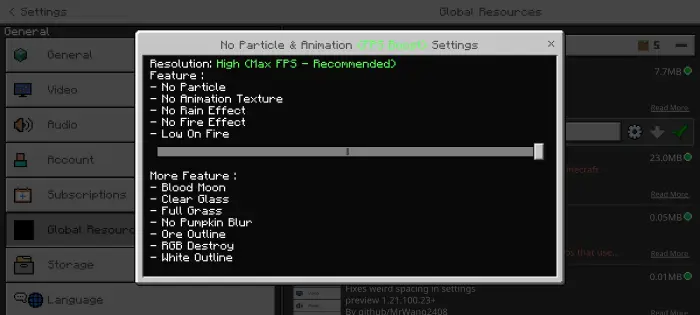Settings menu showing texture pack features