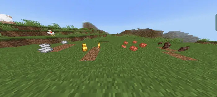 Auto-smelted ingots and cooked meats on grass