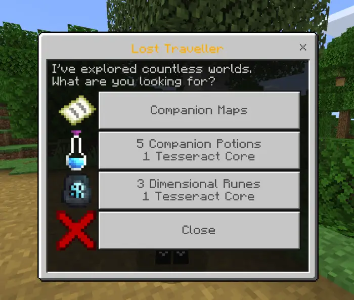Lost Traveller NPC trade menu options.