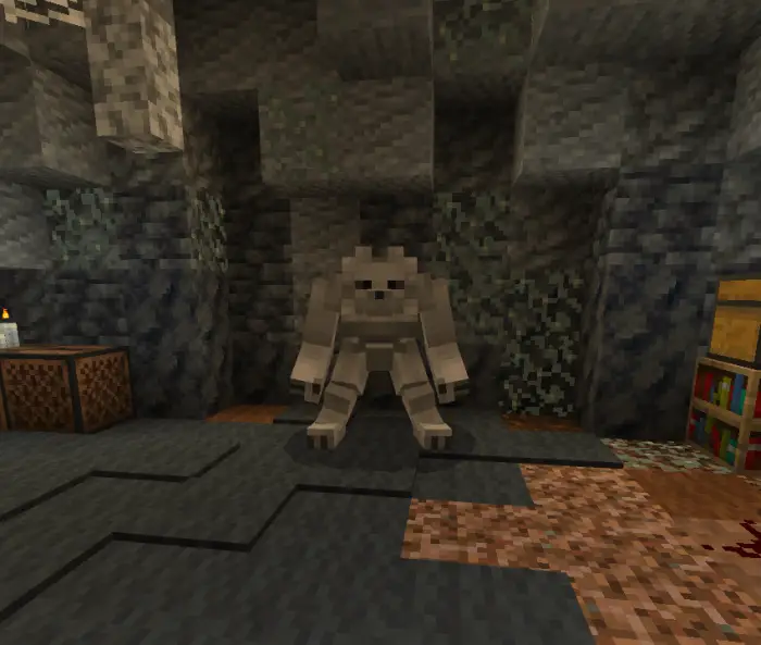 Stone companion creature in a cave room.