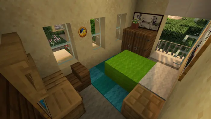 Small villa bedroom with windows and decor.