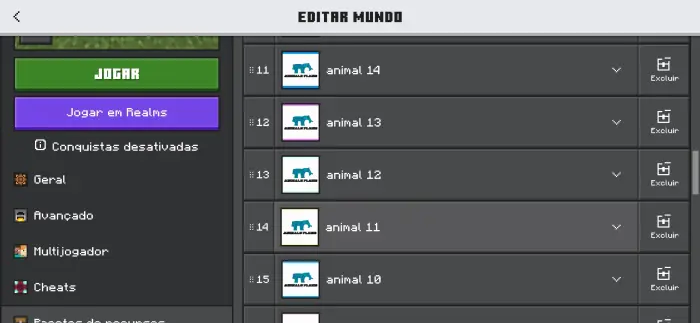 Worlds list showing animal-themed add-ons