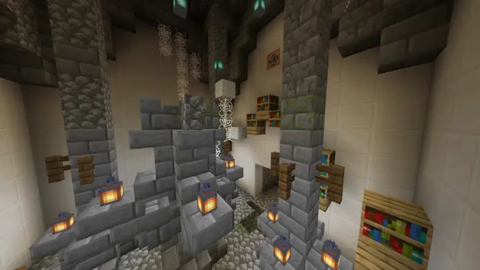 Stone parkour course with lanterns and bookshelves