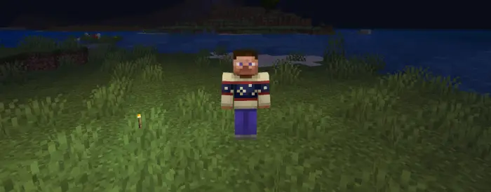 Character stands by a glowing torch at night.