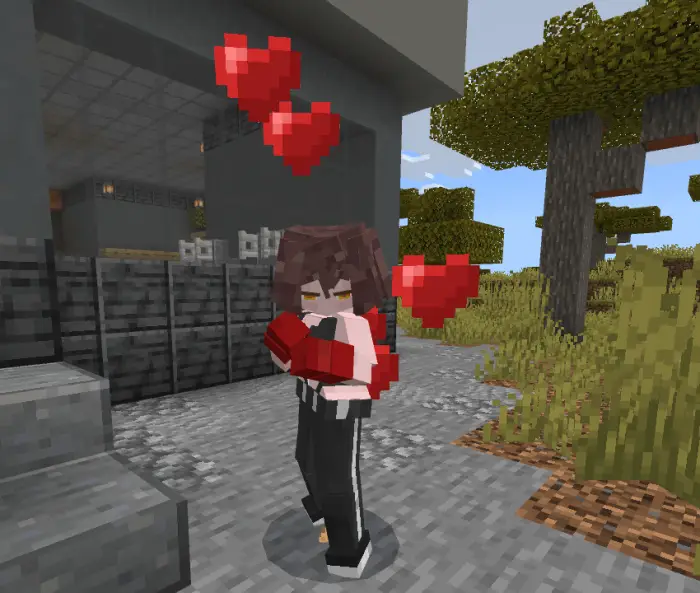 Blocky companion character with heart icons