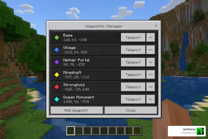 Waypoint manager menu with teleport options