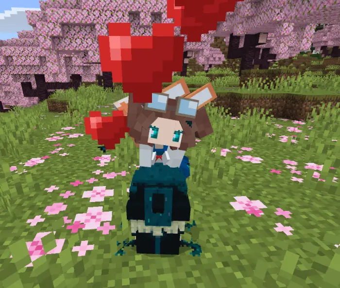 Chibi companion with hearts in a flower field