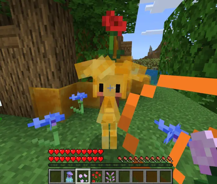 Yellow companion creature with a red flower.