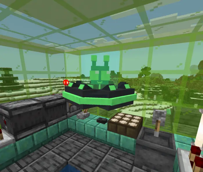 Glowing green companion in a glass room
