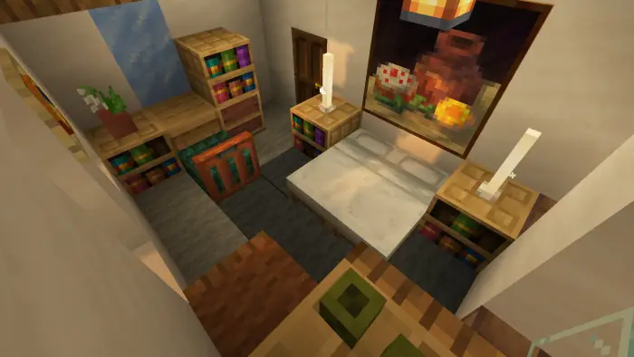 Cozy villa bedroom with bookshelves and art