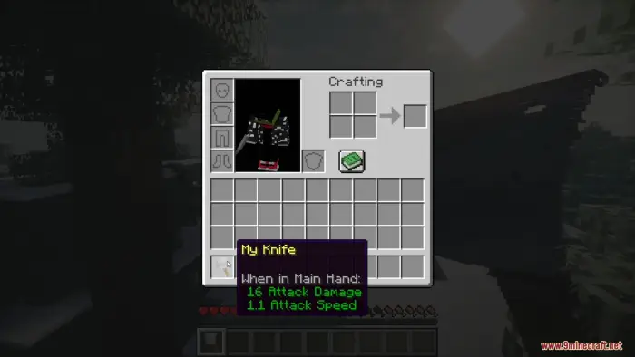 Player inventory open, holding a custom knife