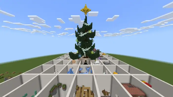 Large tree rises above grid maze parkour rooms