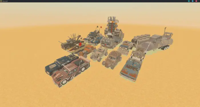 Row of custom rusted wasteland vehicles