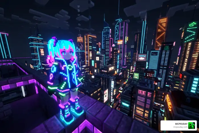 Neon cyberpunk character on city rooftop