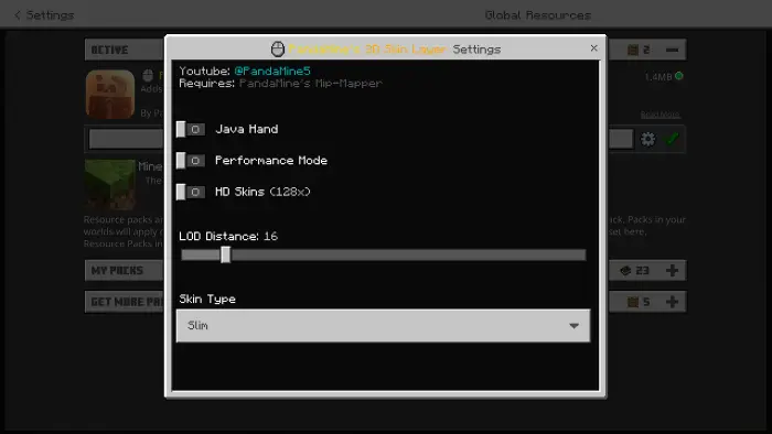3D skin layer settings menu with options