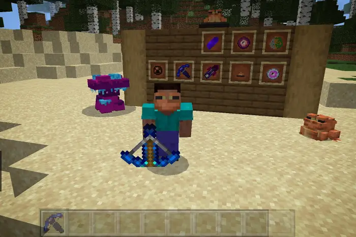 Player with OP frog, mushroom mob, and items