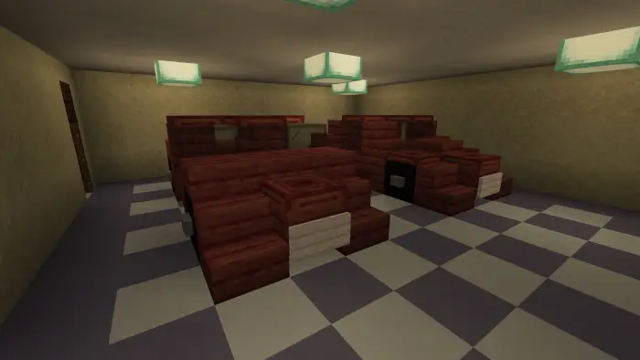 Blocky cars parked in a tiled garage.