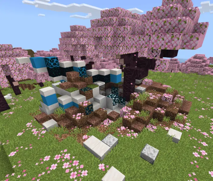 Companion structure under pink blossom trees