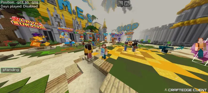 Players in a colorful, modded game lobby.