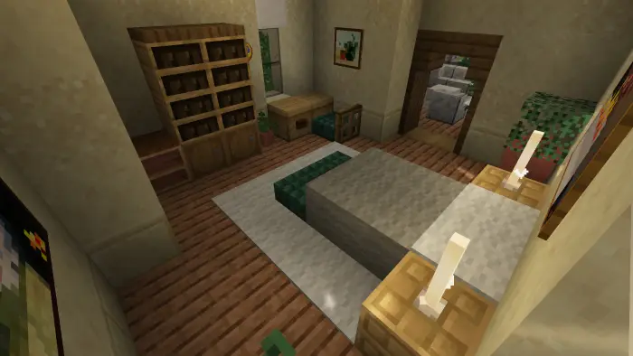 Cozy villa bedroom with desk and bookshelf