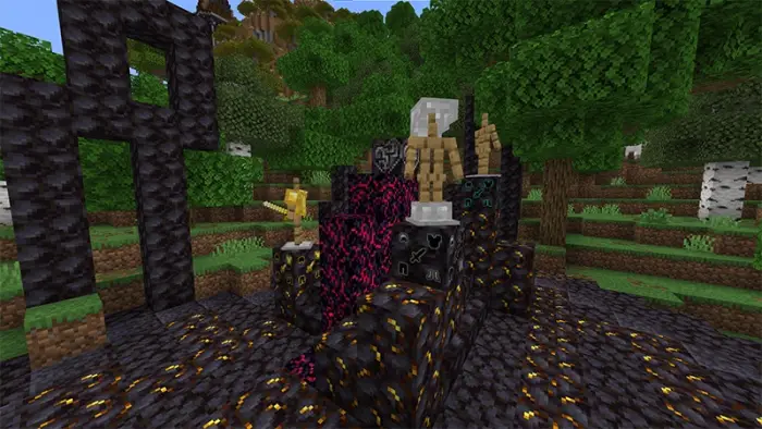 Armor stands in custom gear on stone throne