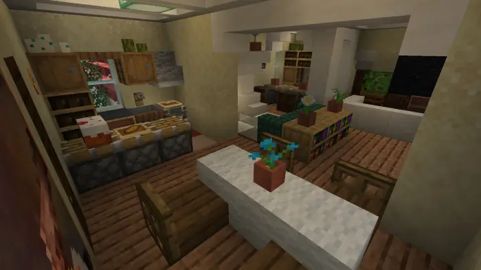 Cozy villa interior with dining and kitchen