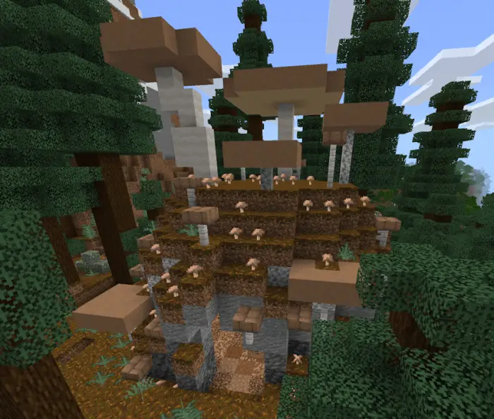 Mushroom-covered companion structure in forest