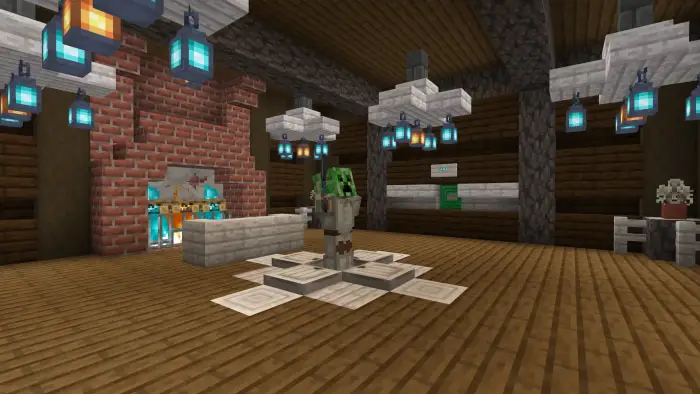 Character stands in a cozy, lantern-lit lobby