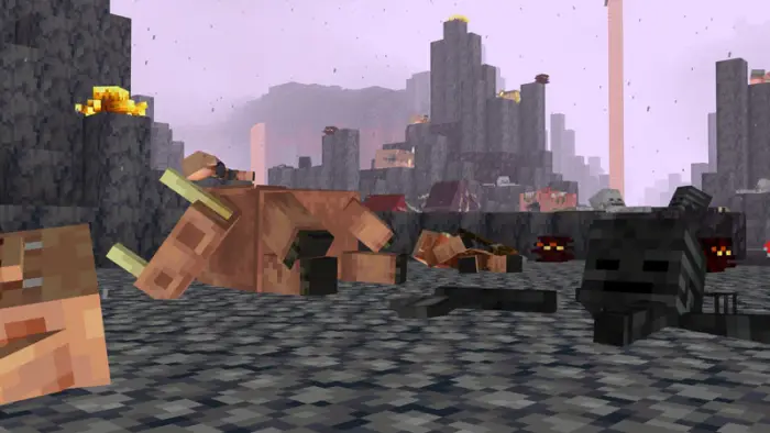 Blocky mobs lying motionless on rocky ground.