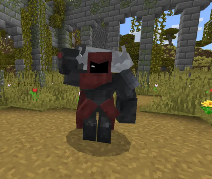 Armored companion with horned helmet standing.