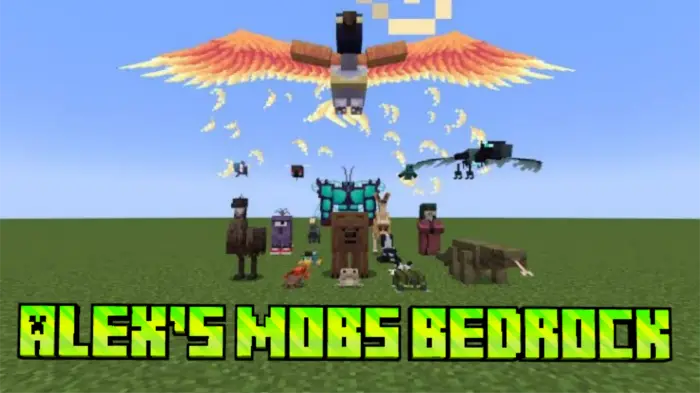 Various custom mobs gathered on grass field.