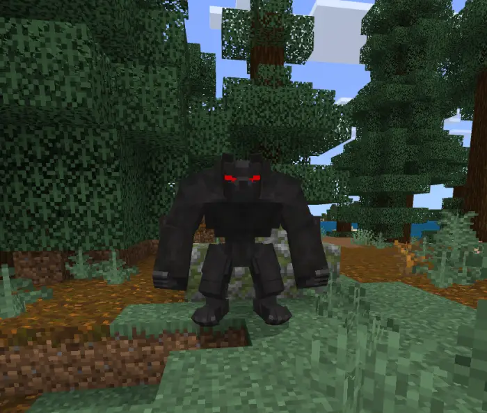 Blocky black creature with glowing red eyes.