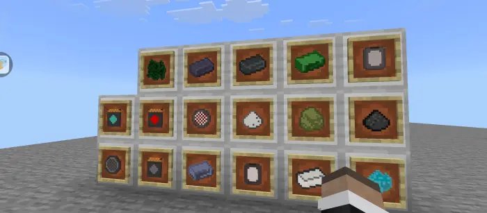 Various industrial materials in item frames