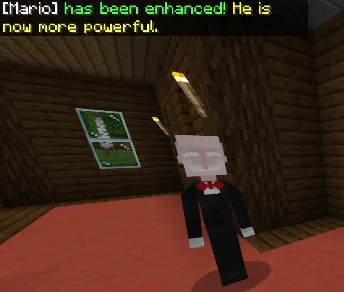 Blocky companion in a suit inside a wooden room.