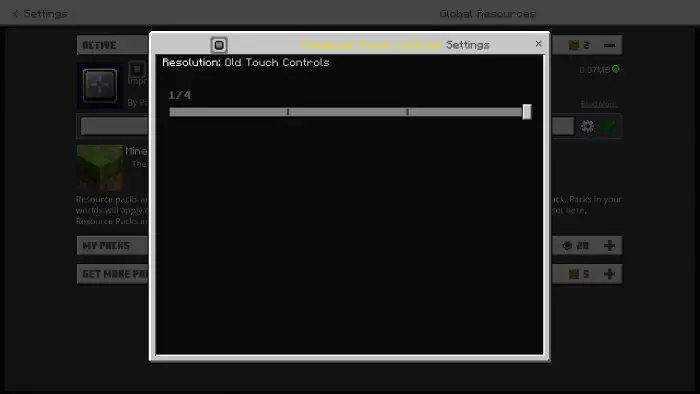 Settings window for touch controls slider
