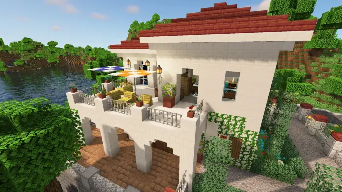 Waterfront villa with balcony and pool