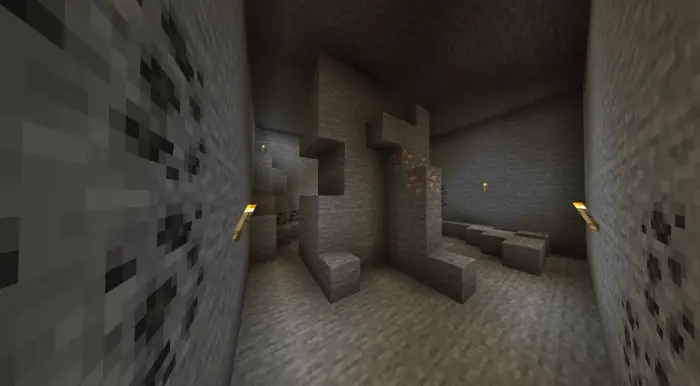 Stone cave level with torches and minerals