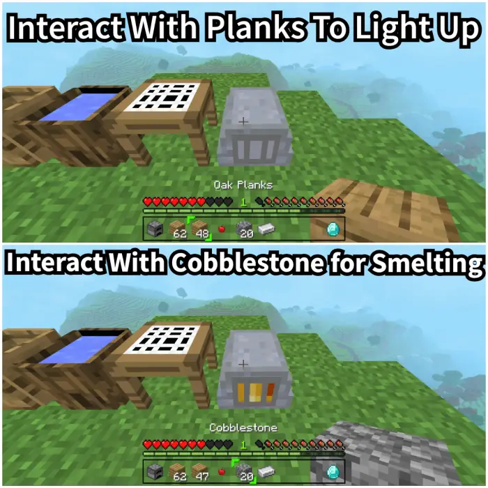 Top Holding planks by a furnace setup Bottom Holding cobblestone by a furnace setup