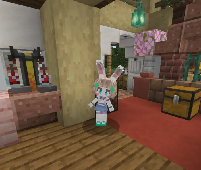 Chibi bunny-eared companion in cozy home.