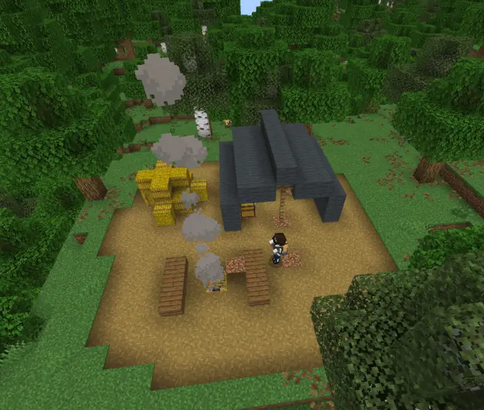 Companion camp with hay bales and benches