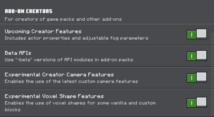 ALT Add-on creator features toggles menu