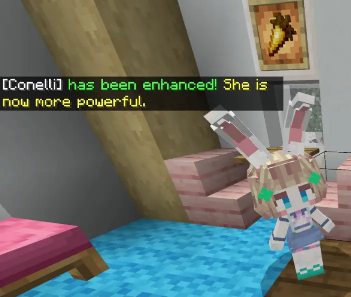 Blocky companion character with enhancement text
