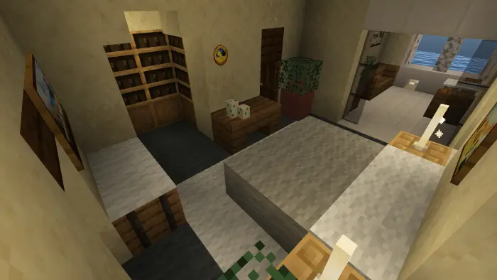 Modern villa interior with bookshelves and desk