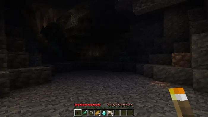 Player holds torch lighting up a dark cave