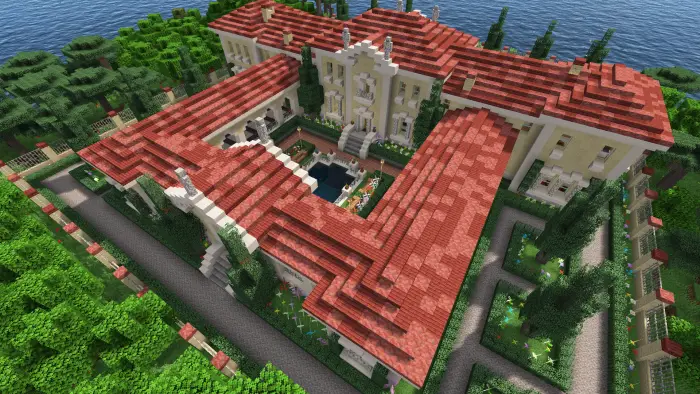 Italian villa with red roof and courtyard