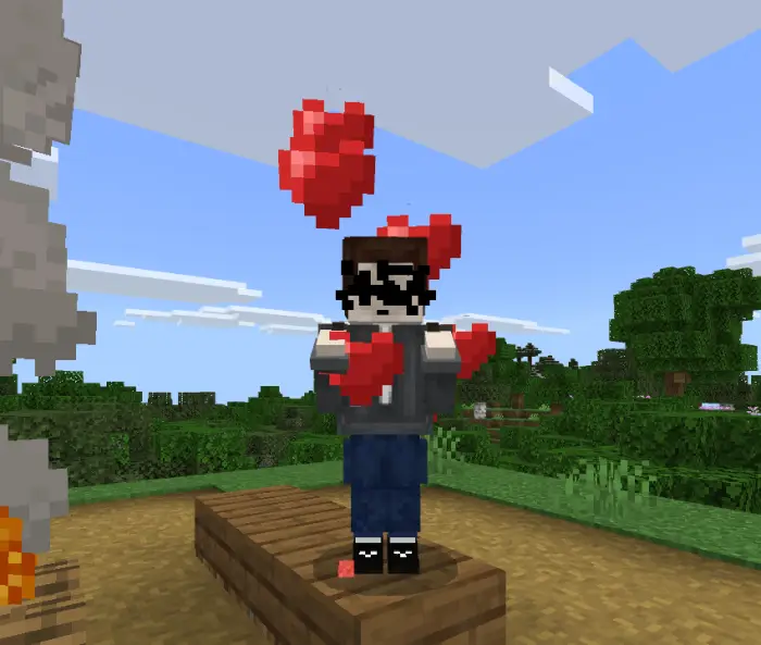 Blocky companion character with floating hearts