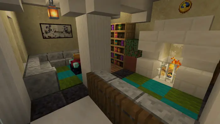 Cozy villa interior with fireplace and bookshelves