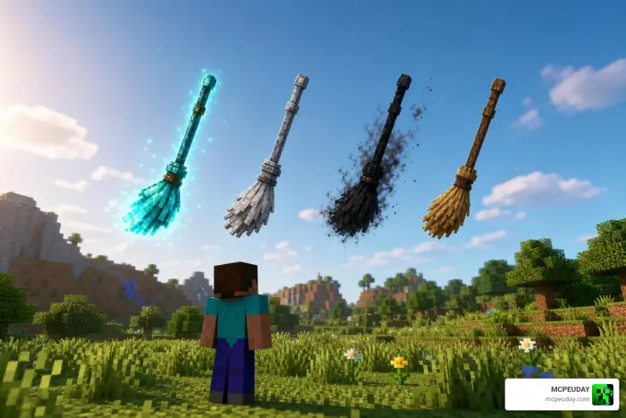Four magic brooms floating above grass field