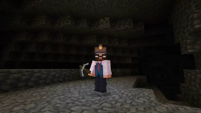 Player with miner helmet lights up a cave