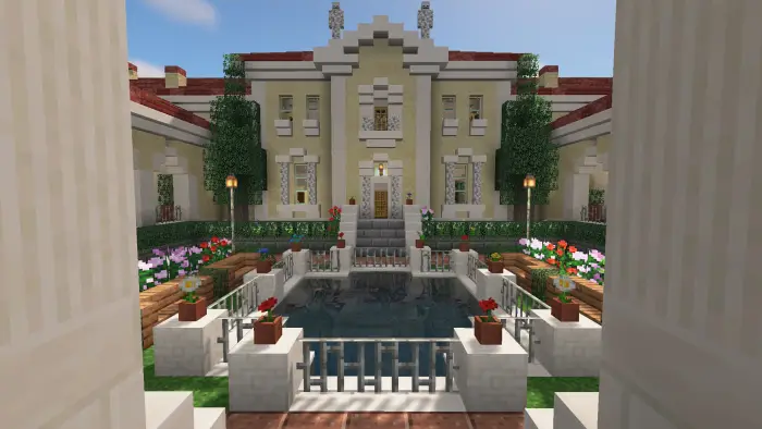 Elegant villa with courtyard pond and flowers